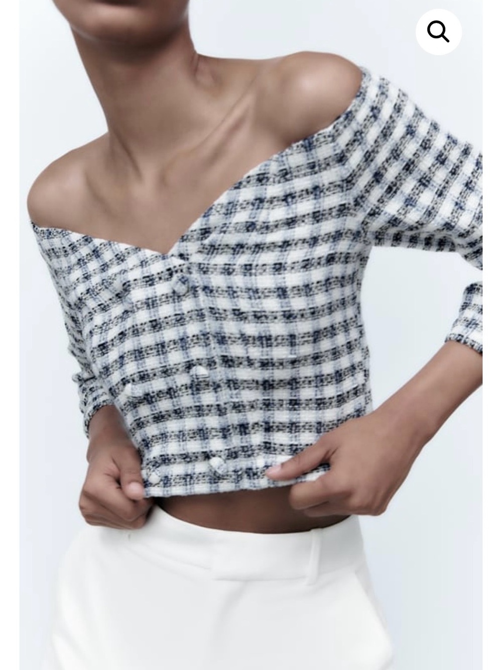 ZARA Tweed Off Shoulder Blue Black White Crop Top Size Small